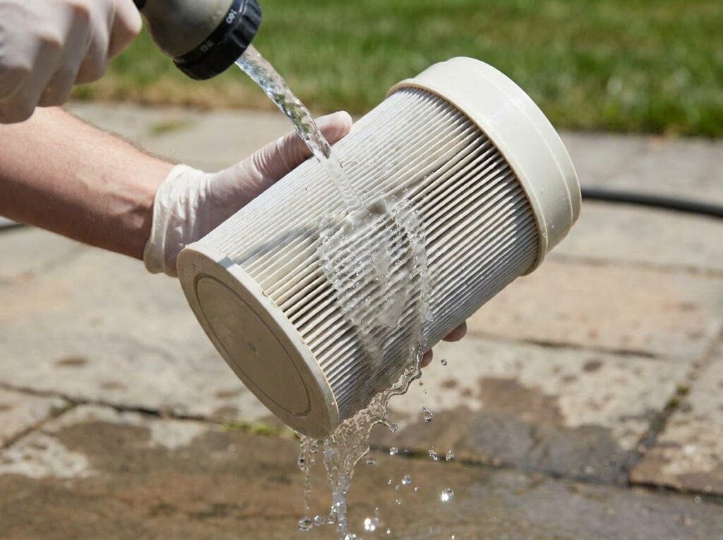 rinsing a pleated spa filter cartridge under a hose between the pleats