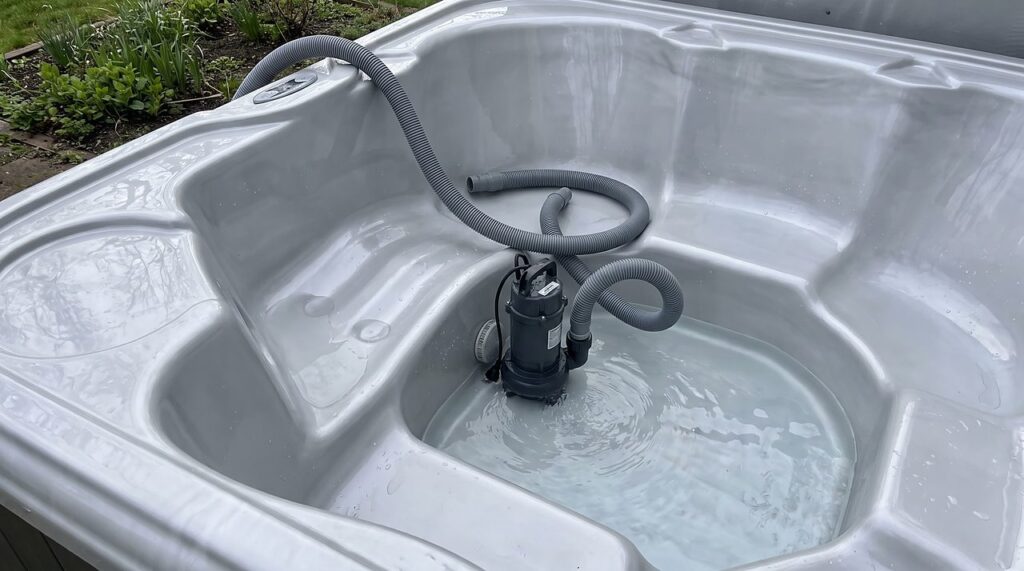 a submersible pump and hose draining an empty hot tub shell during a quarterly reset