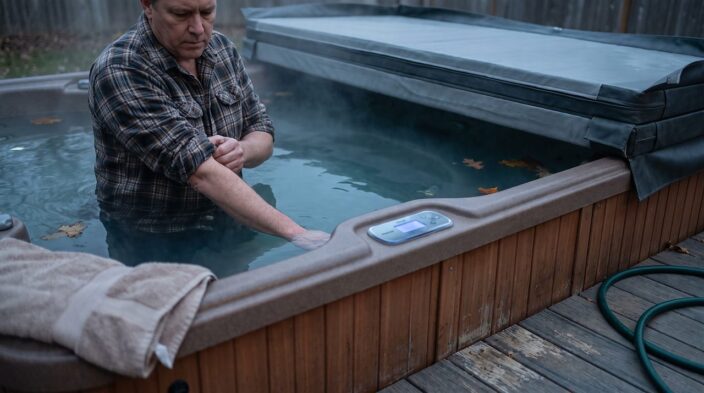 hand testing hot tub water temperature beside a control panel showing a cold reading