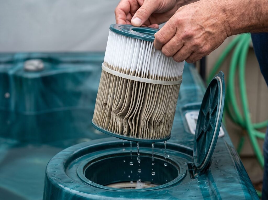 dirty pleated hot tub filter cartridge lifted out of its housing, pleats matted with grime