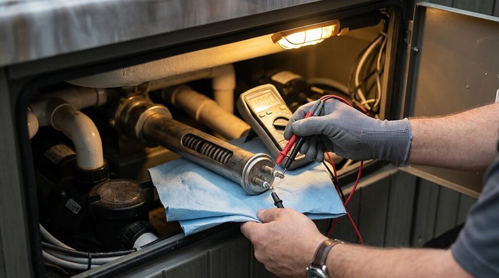technician testing a removed hot tub heater element with a multimeter