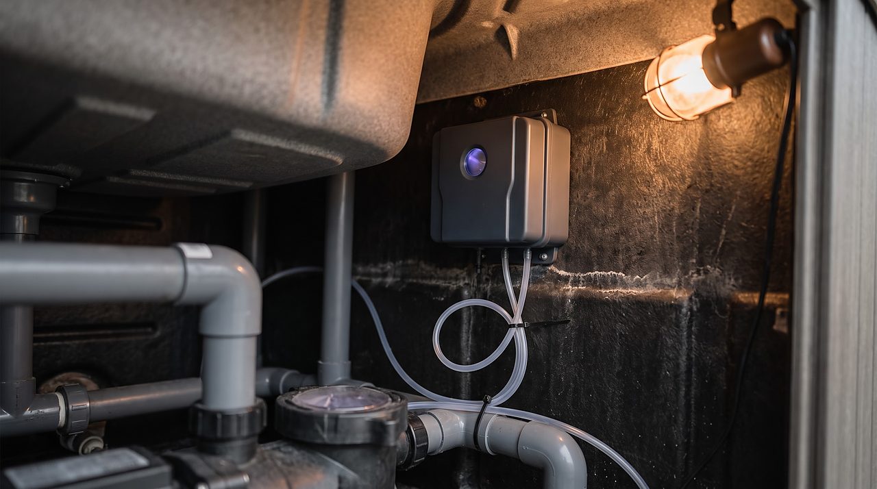 small ozone generator unit glowing blue inside a hot tub equipment access panel