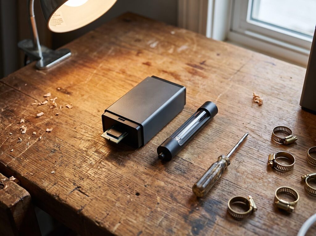 disassembled ozone chip and lamp cartridge components on a workbench for replacement