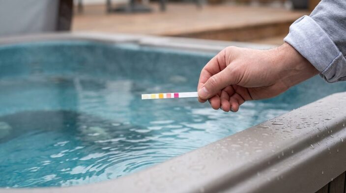 a hand holding a pH test strip above rippling hot tub water for a reading