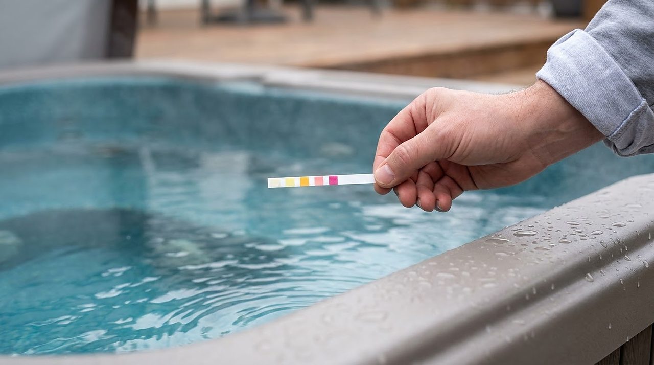 a hand holding a pH test strip above rippling hot tub water for a reading