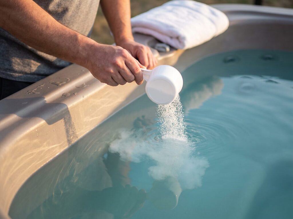 hands pouring a measured scoop of granular pH product into spa water