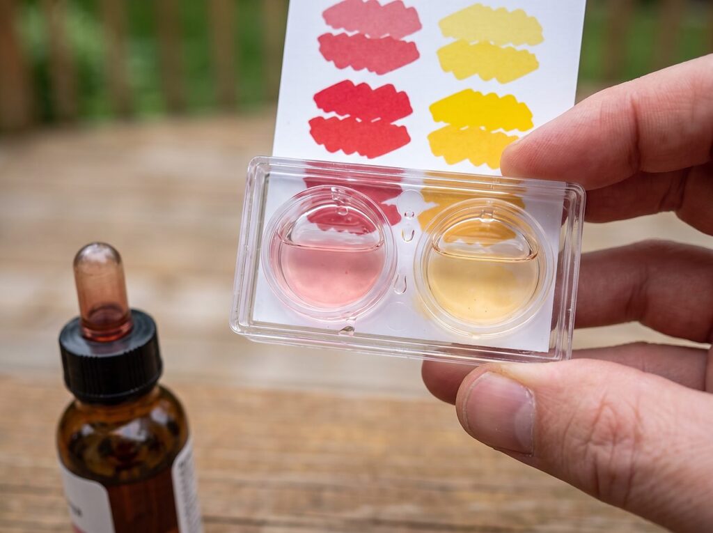 a liquid test kit comparator showing pink and yellow color samples from spa water