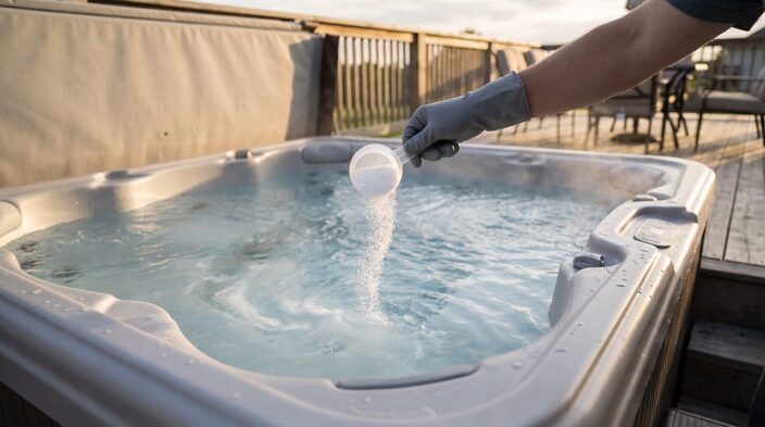 gloved hand pouring granular shock treatment into an open, jet-running hot tub