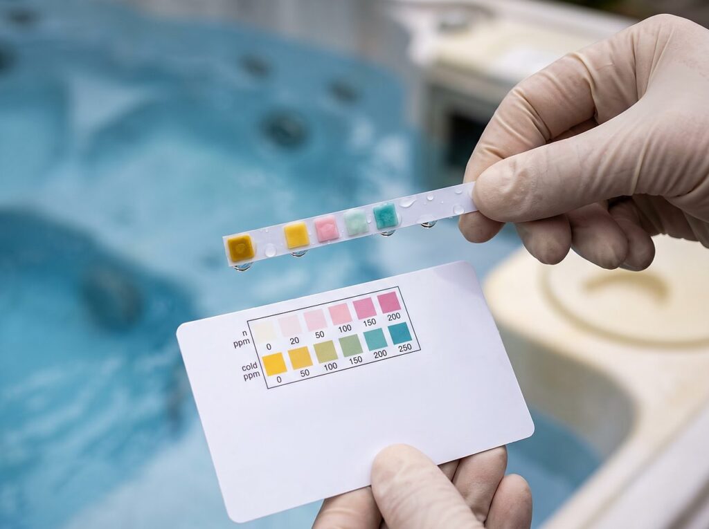 test strip held beside a reference card checking free and combined chlorine
