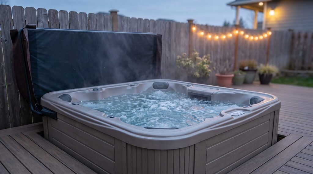 uncovered hot tub with jets running and steam rising during an open-air wait