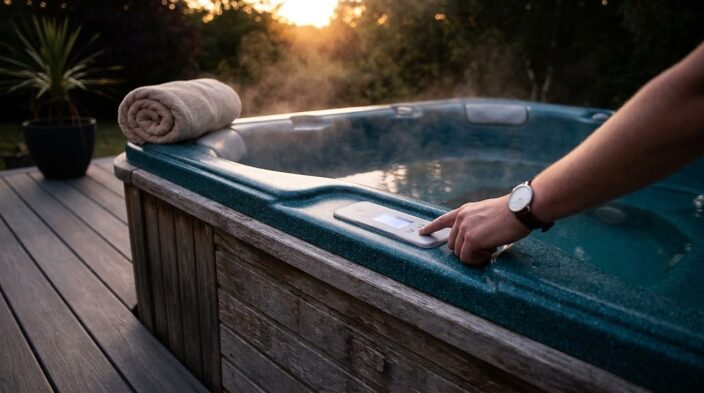hand adjusting the temperature setting on a hot tub's topside control panel at dusk
