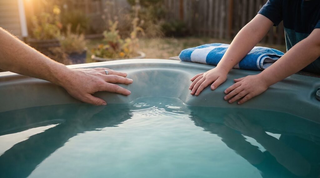 adult and child hands resting on a hot tub edge during a lower-temperature family soak