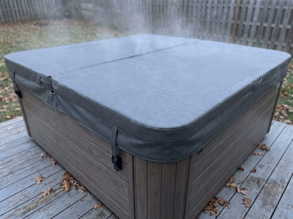 closed insulated hot tub cover with steam escaping from the center seam