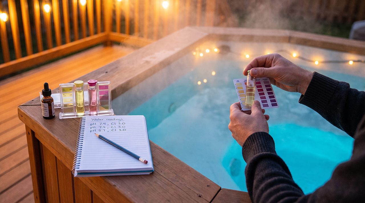 Hands checking a water test vial beside a steaming hot tub ledge at dusk