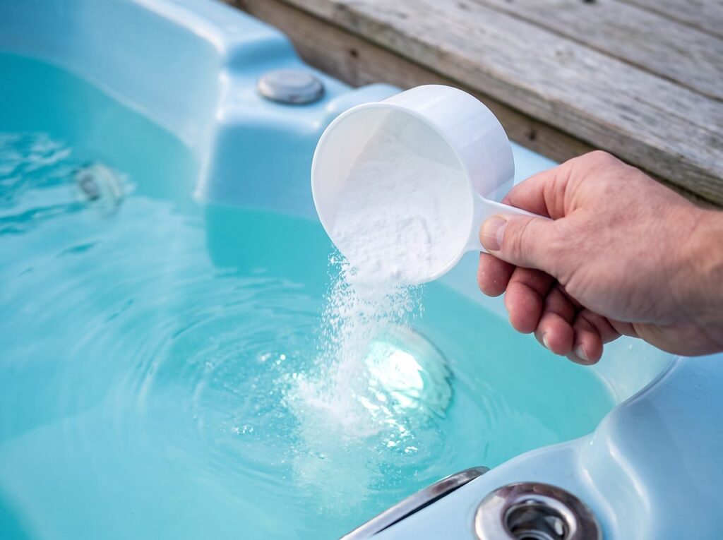 Measured baking soda being poured into hot tub water to raise alkalinity