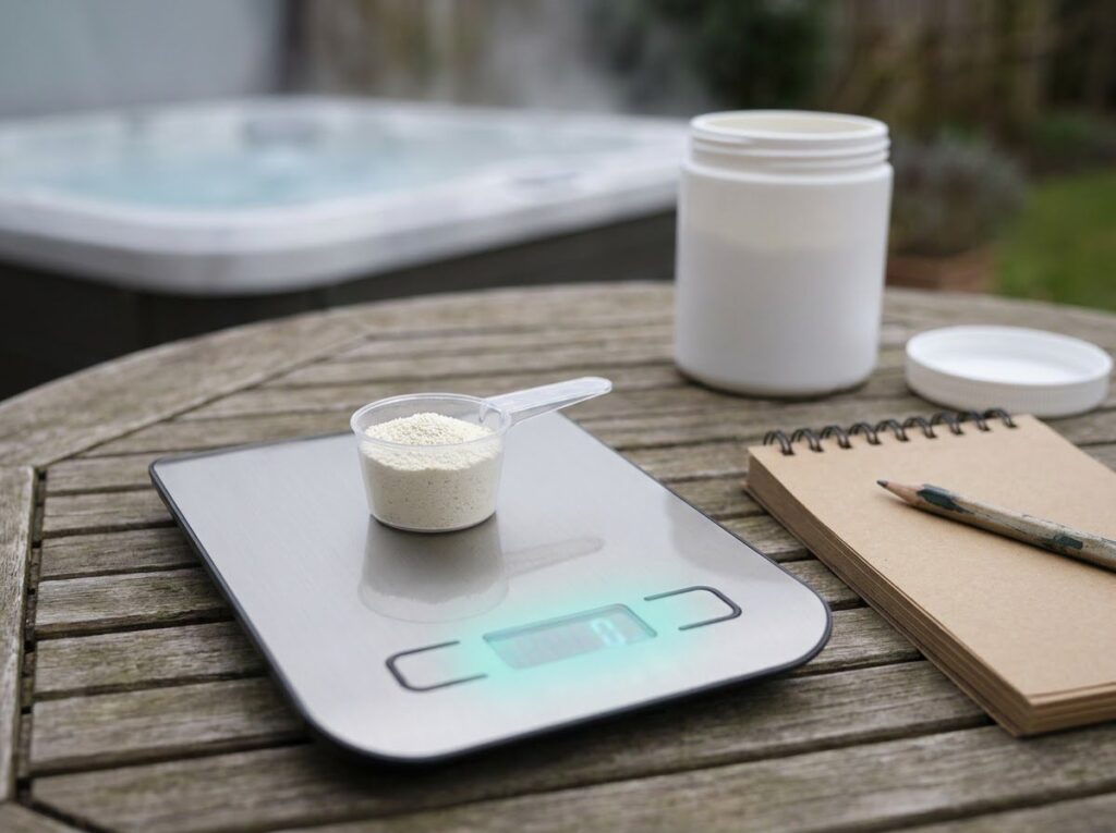 Digital scale weighing granular chlorine dose beside a steaming outdoor spa