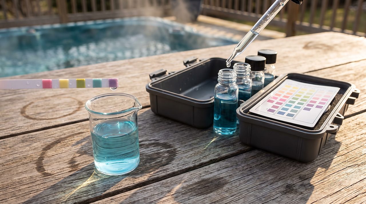 test strip and reagent drop test kit compared side by side over spa water