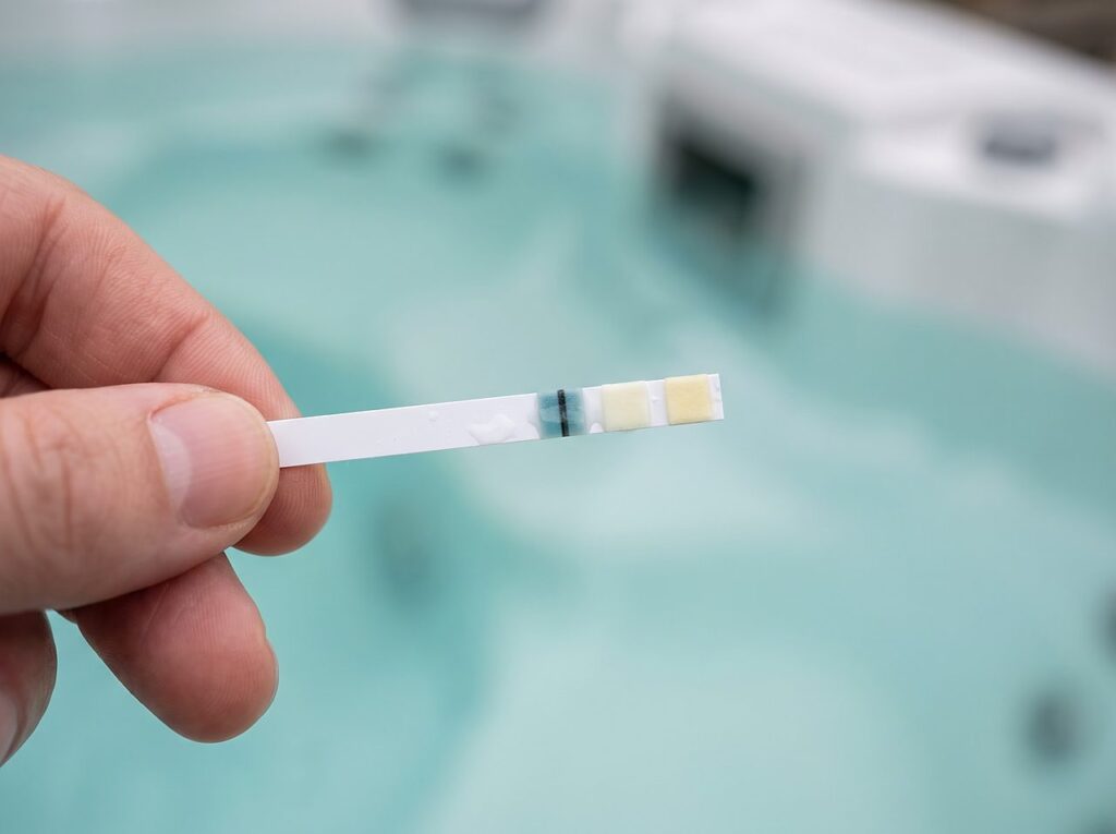 close-up of a test strip pad showing a thin overrange line from bleaching