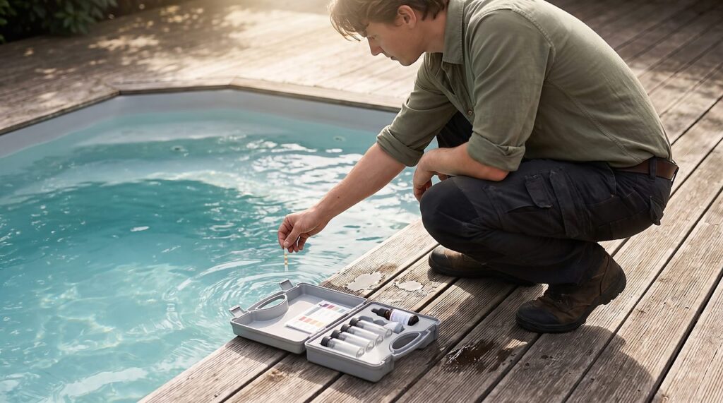 person testing spa water at the edge of a hot tub with a strip and kit