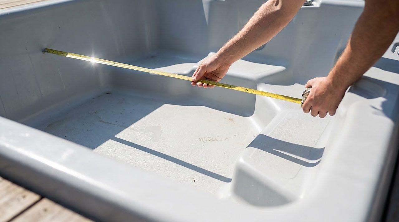 hands stretching a tape measure across an empty hot tub shell interior