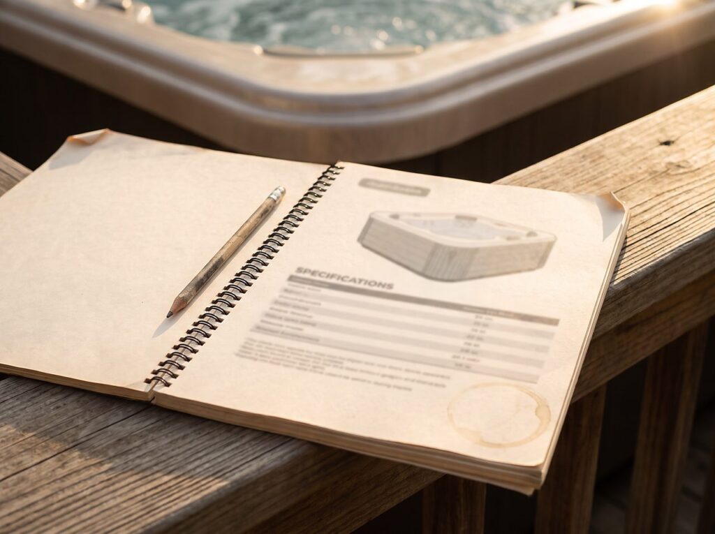 open owner's manual spec page beside a hot tub during a capacity check