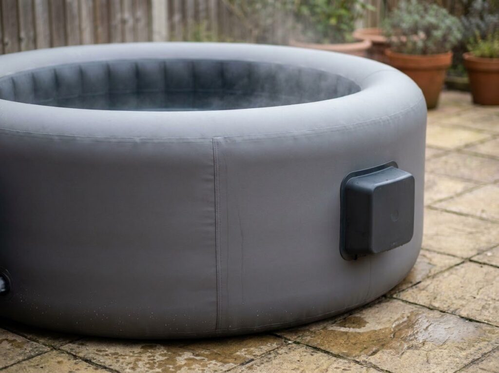 round inflatable spa shell on a patio with steam rising off the water