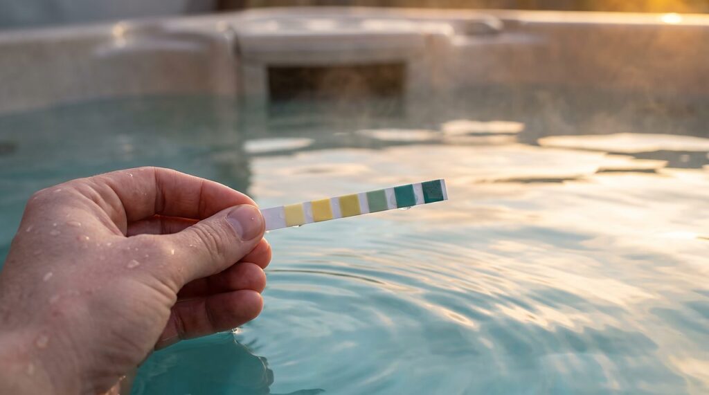 wet test strip held above hot tub water to confirm a chemical dose