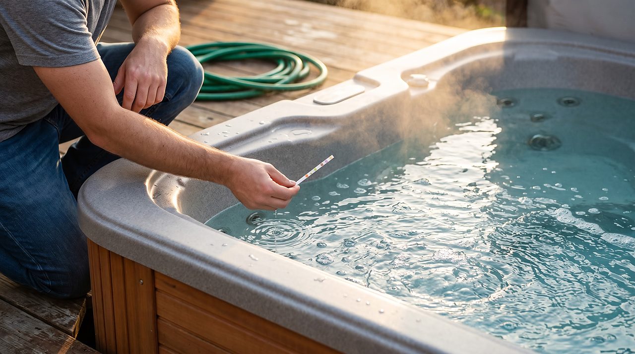 person dipping a water test strip into a steaming hot tub before deciding to drain it