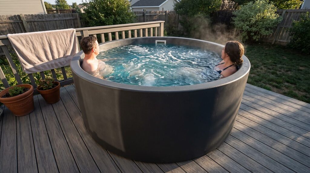 two people soaking in an outdoor hot tub showing the scale of water it holds