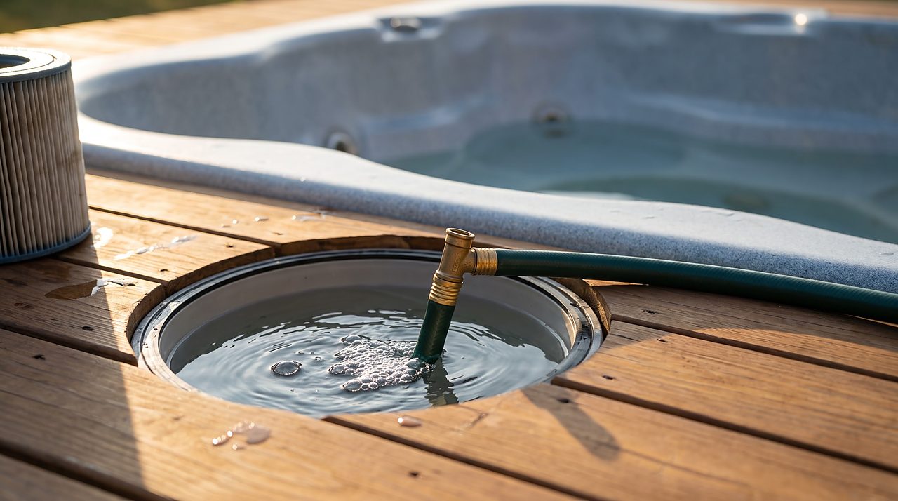 garden hose feeding water into an empty hot tub filter well to prevent air lock