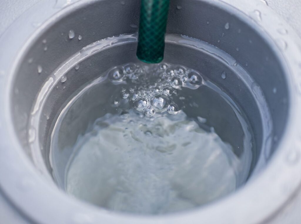 air bubbles rising through hot tub filter well water during a slow, steady fill