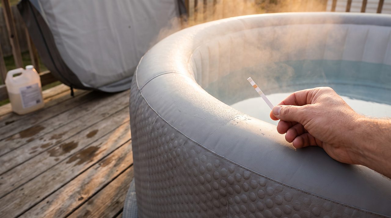 hand holding a water test strip above an inflatable spa's waterline outdoors