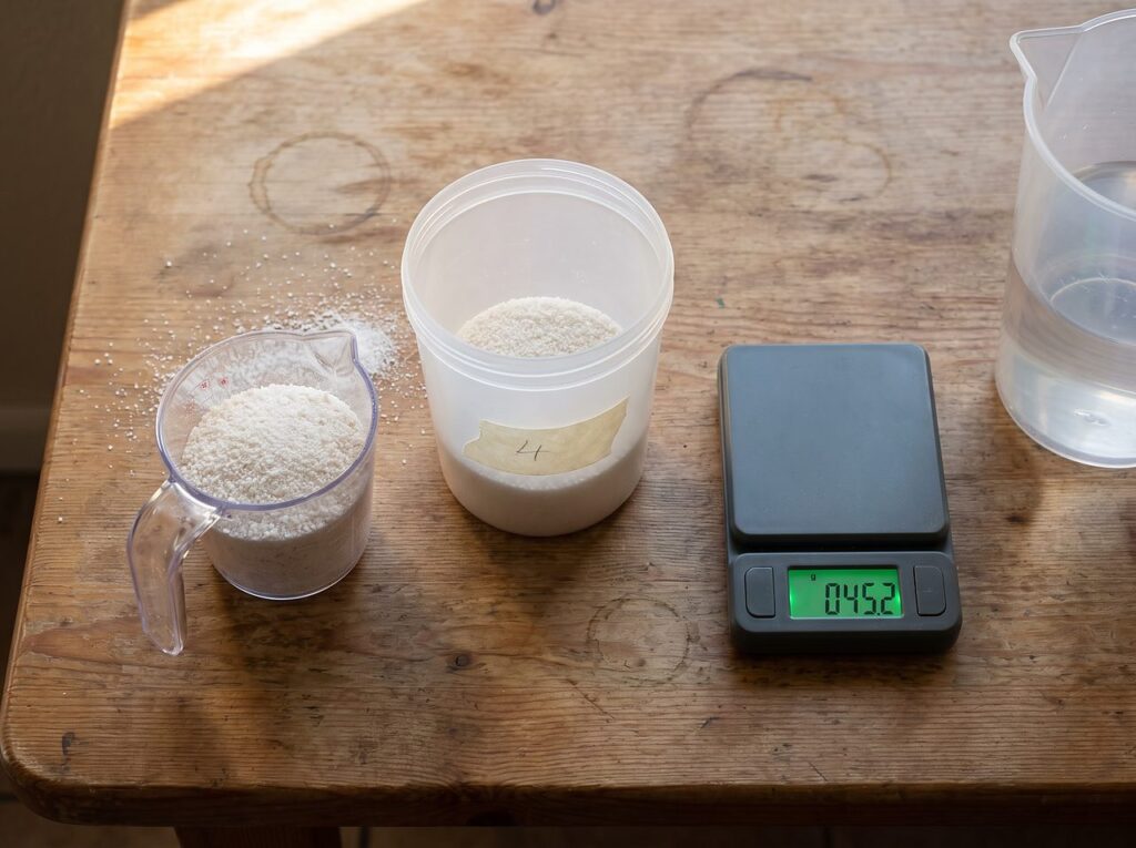 measuring cup of granular spa chemical beside a scale for a scaled-down dose