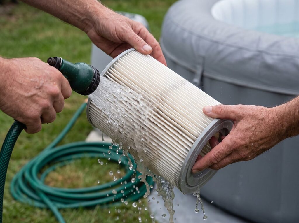 hands rinsing a pleated spa filter cartridge under a garden hose outdoors
