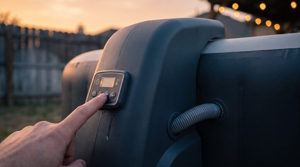 fingertip adjusting an inflatable spa's pump timer at dusk