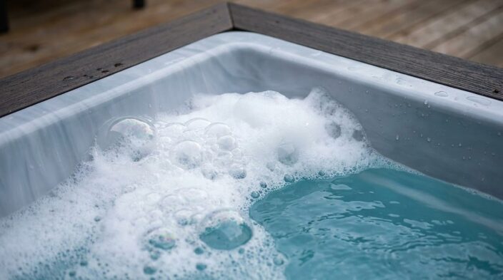 thick white foam collecting at the corner of an outdoor hot tub waterline