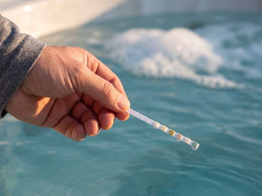 holding a water test strip above a hot tub surface with foam nearby