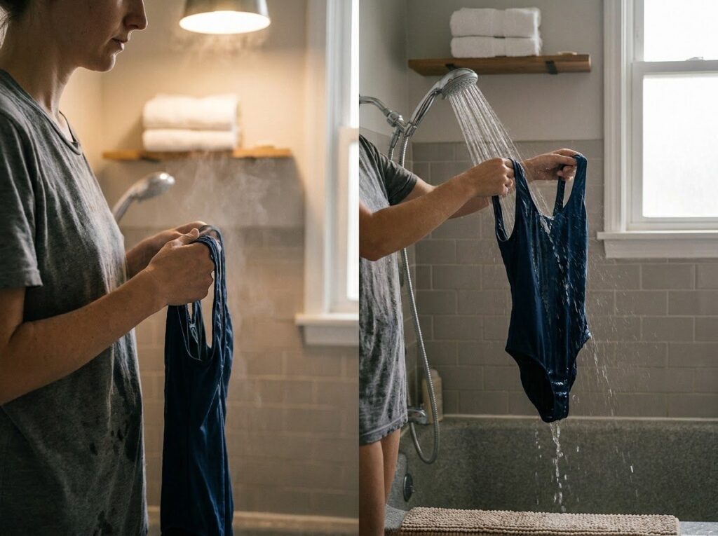 rinsing a swimsuit under a shower before getting into a hot tub