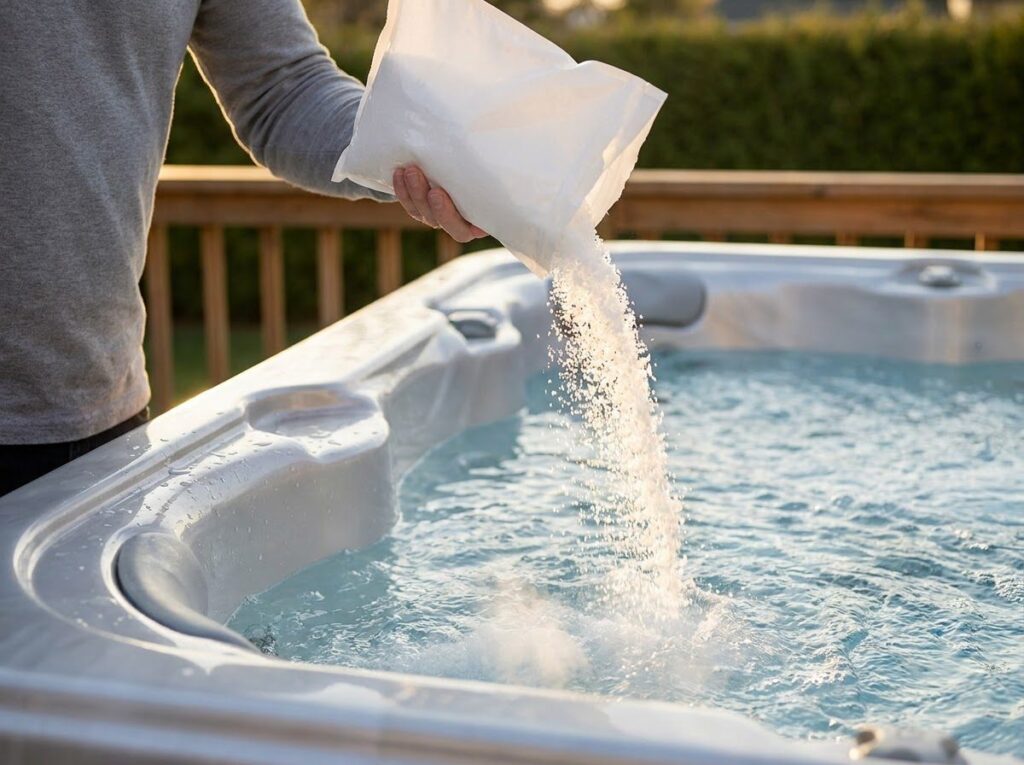 a hand pouring spa-grade salt into a hot tub during a salt conversion