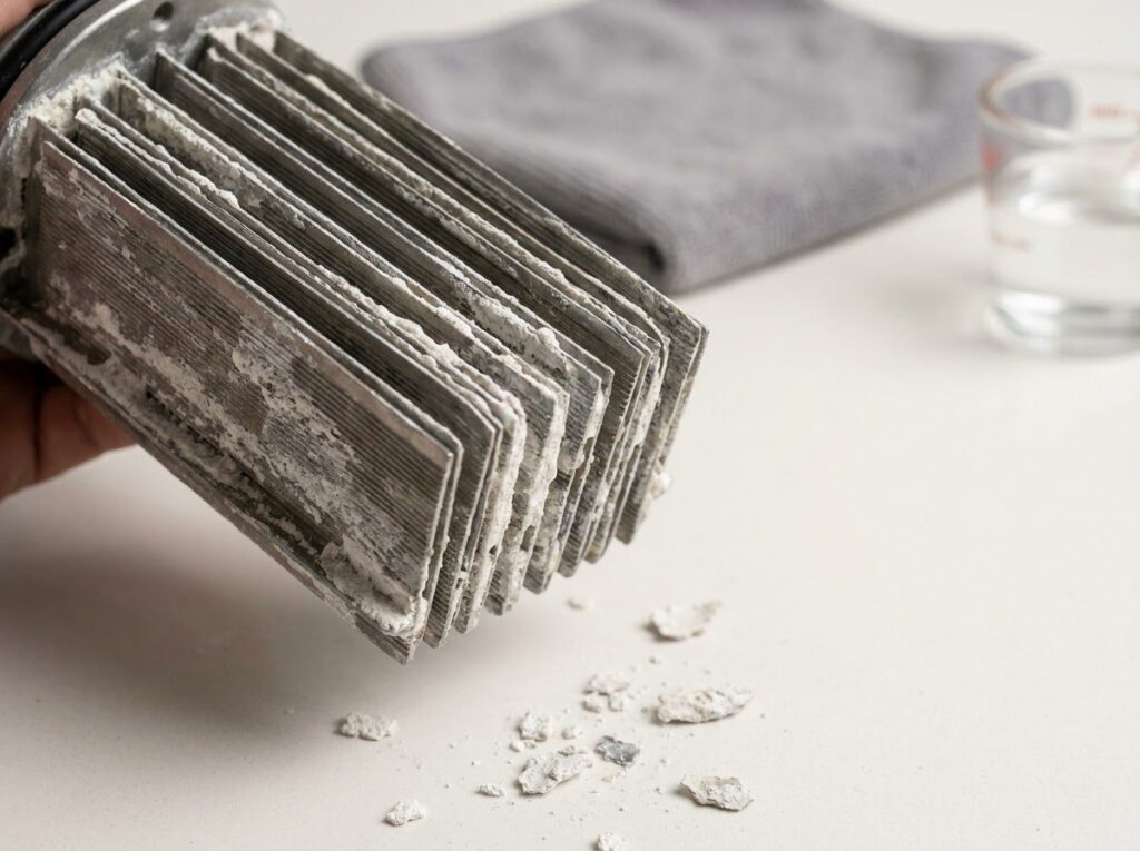close-up of the metal plates inside a salt chlorinator cell showing scale buildup