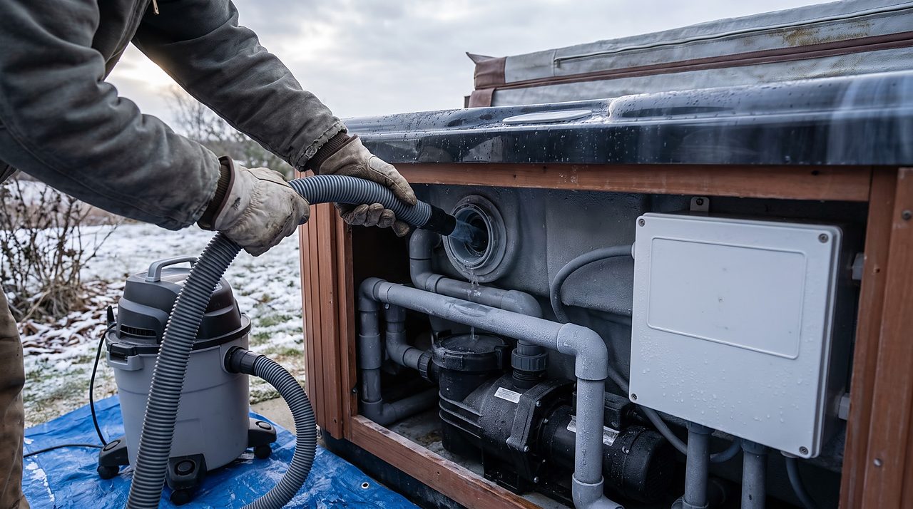 technician using a shop vac to blow out hot tub plumbing lines before winter