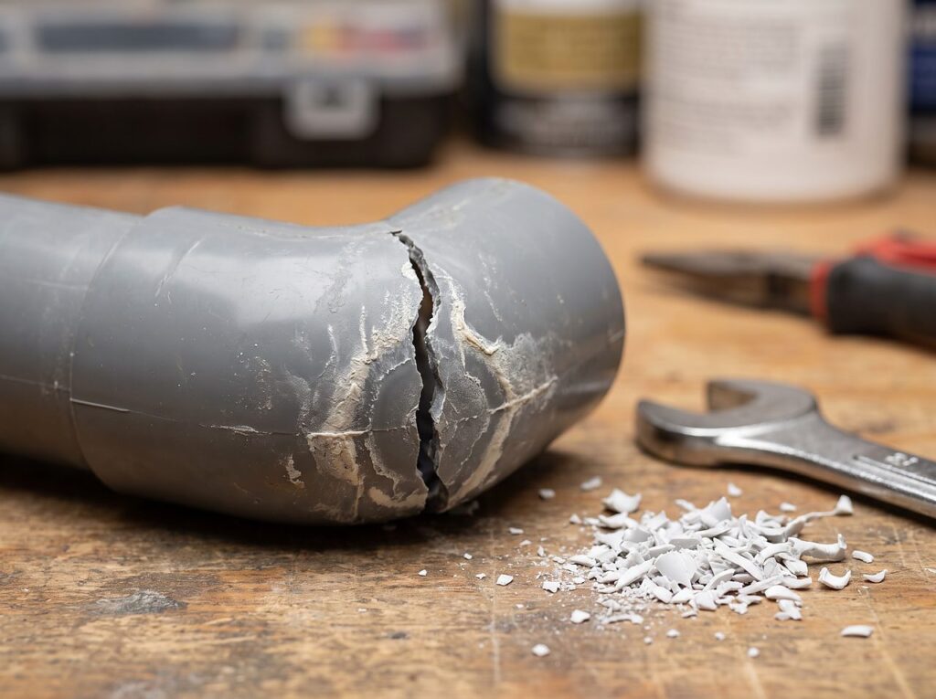 close-up of a cracked plastic pipe fitting caused by winter freeze damage