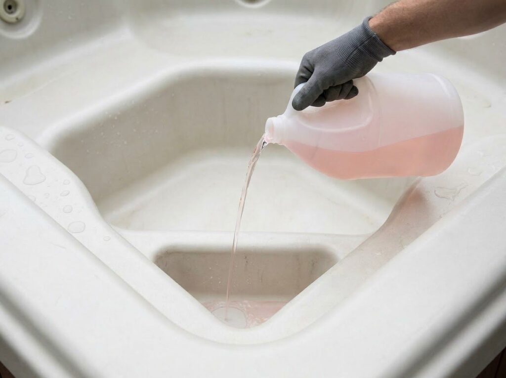 pouring non-toxic antifreeze into a drained hot tub footwell during winterizing