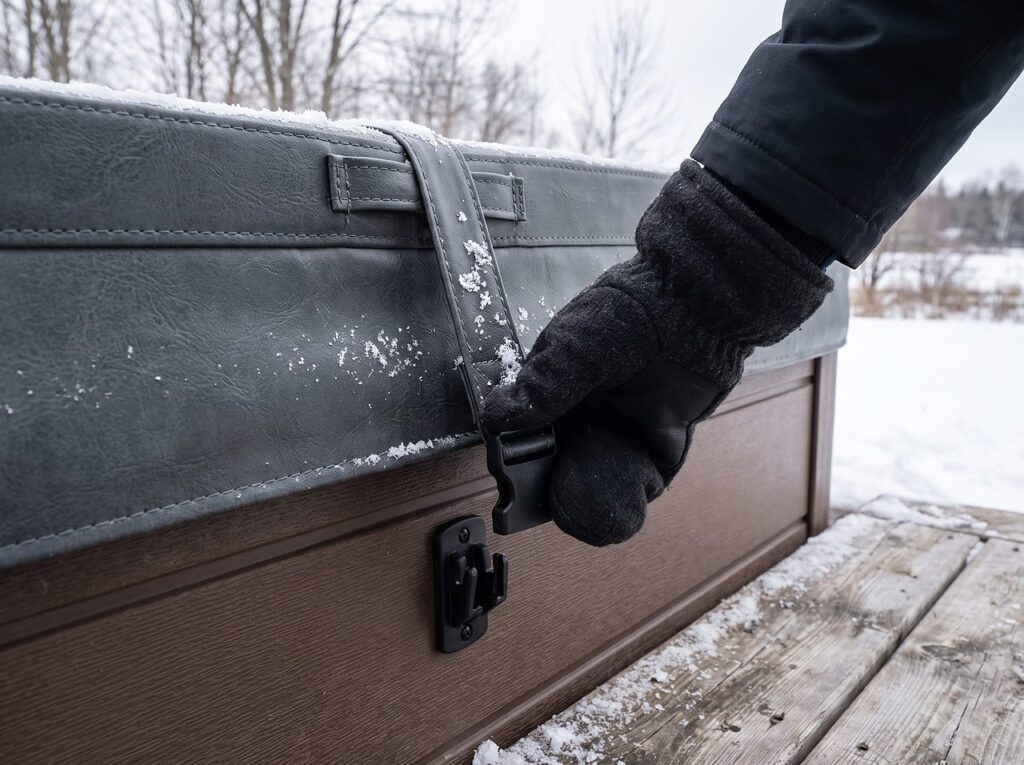 gloved hand cinching a hot tub cover's corner strap tight for winter